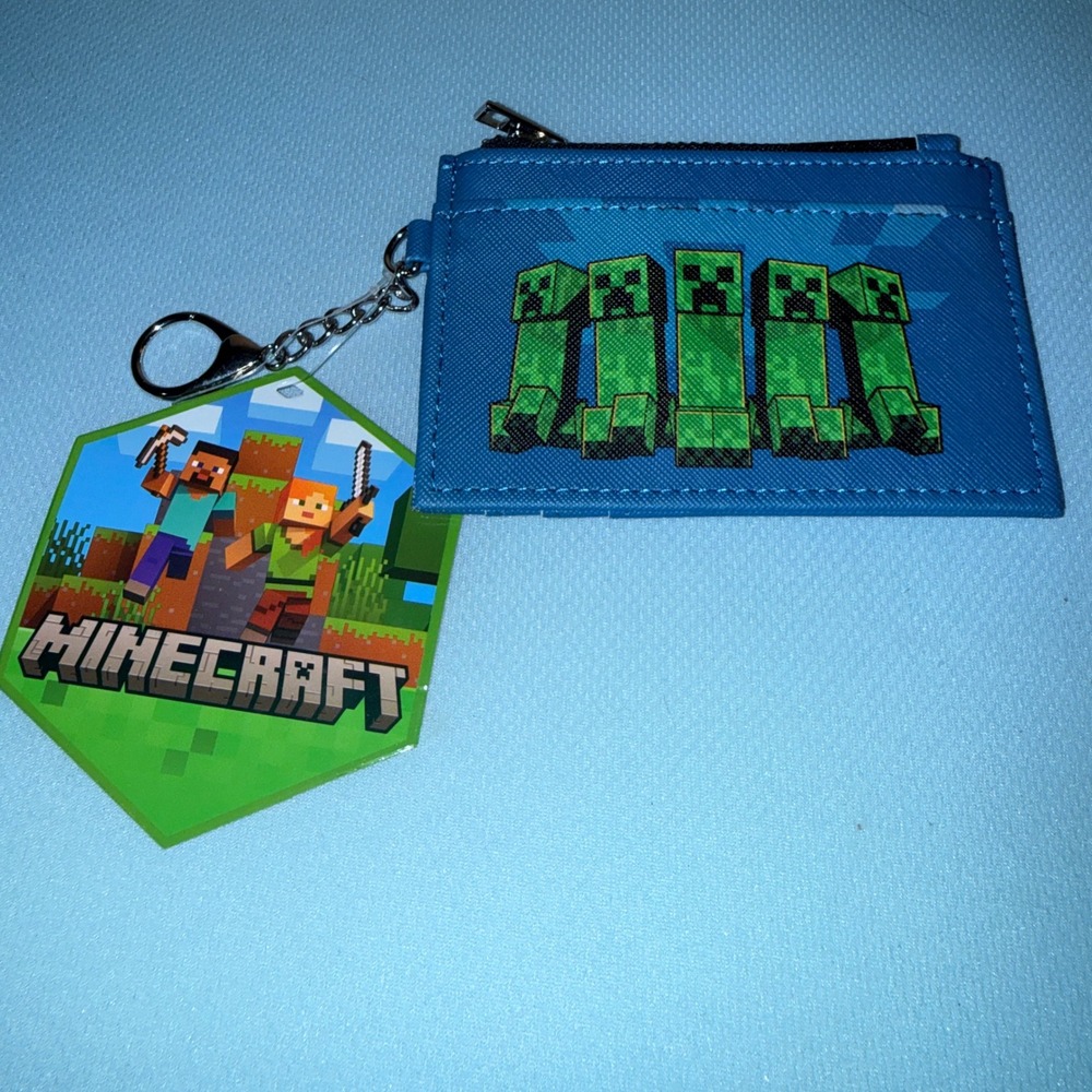 Minecraft Card Holder NEW Blue Creeper Zipper Keychain Wallet